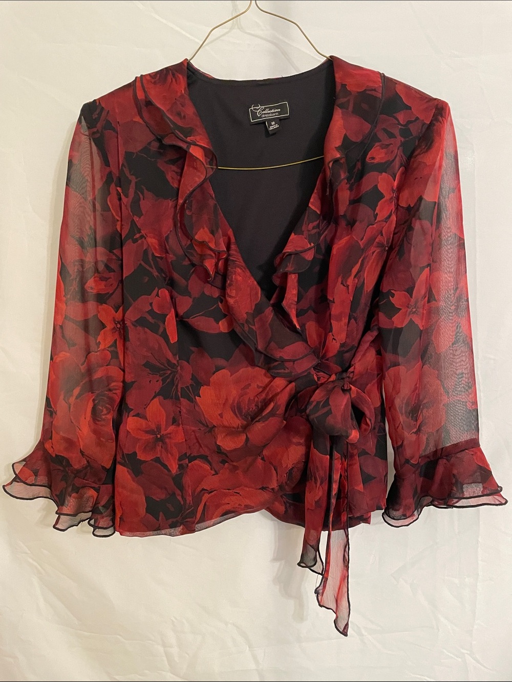 dressbarn Red & Black Floral Tie-Front Sheer Wrap Blouse